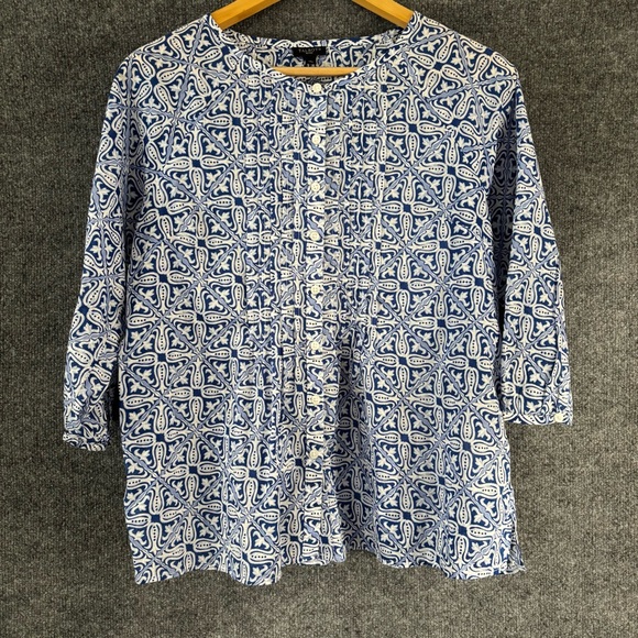 TALBOTS Womens Button Front Top Size Medium Petite Blue Elbow Sleeve - Picture 1 of 9